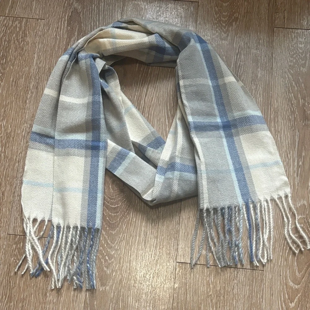 Cream/Gray/Blue Plaid Acrylic Knit Scarf 12”x72”